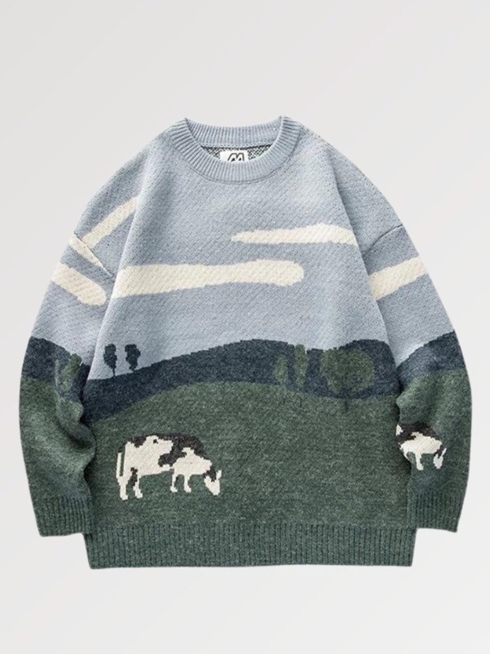 Aelfric Eden Pastel Blue & Green Scenic Cow Knit Sweater